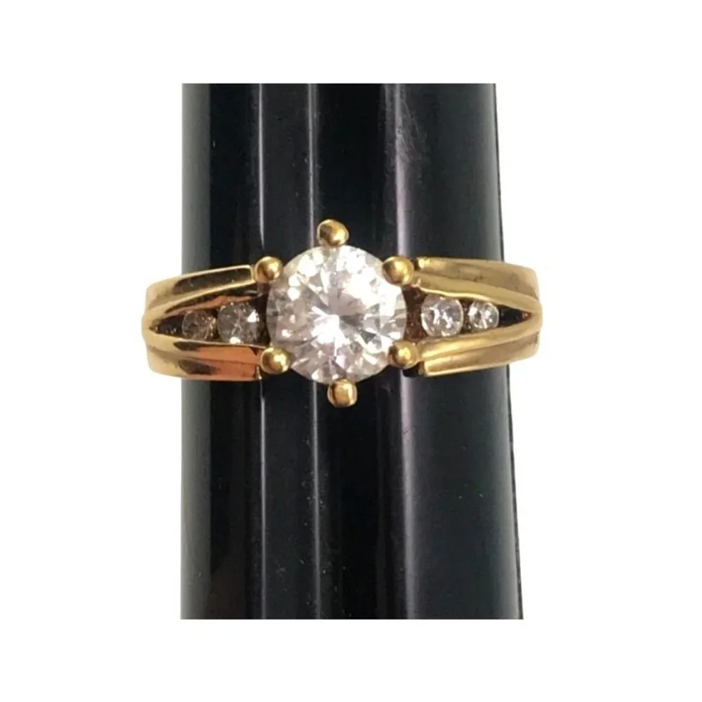 Gold Tone Cocktail Engagement Ring CZ Solitaire & Graduated Side Stones Sz 9.75 - Picture 3 of 5